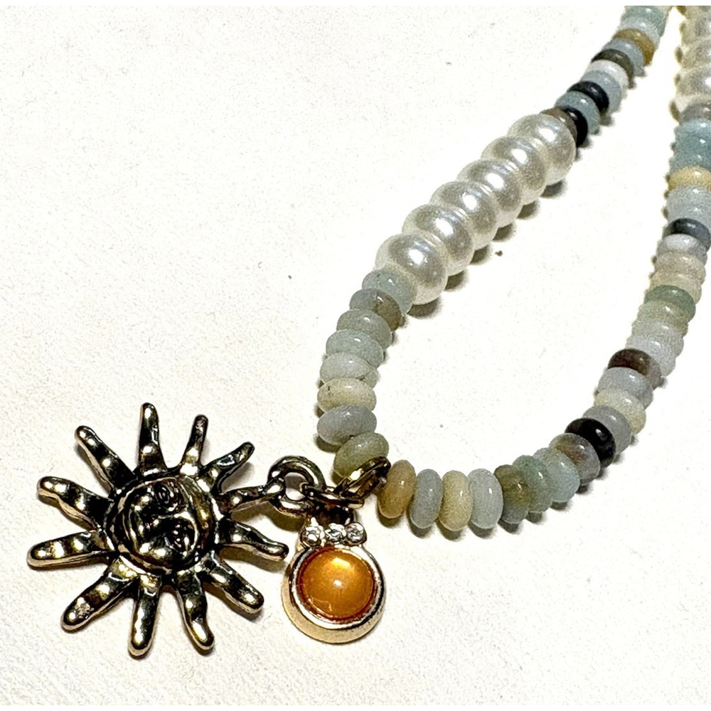 Handmade Sun Charm Necklace with Amazonite, Pearls & Gold Accents - Picture 3 of 5